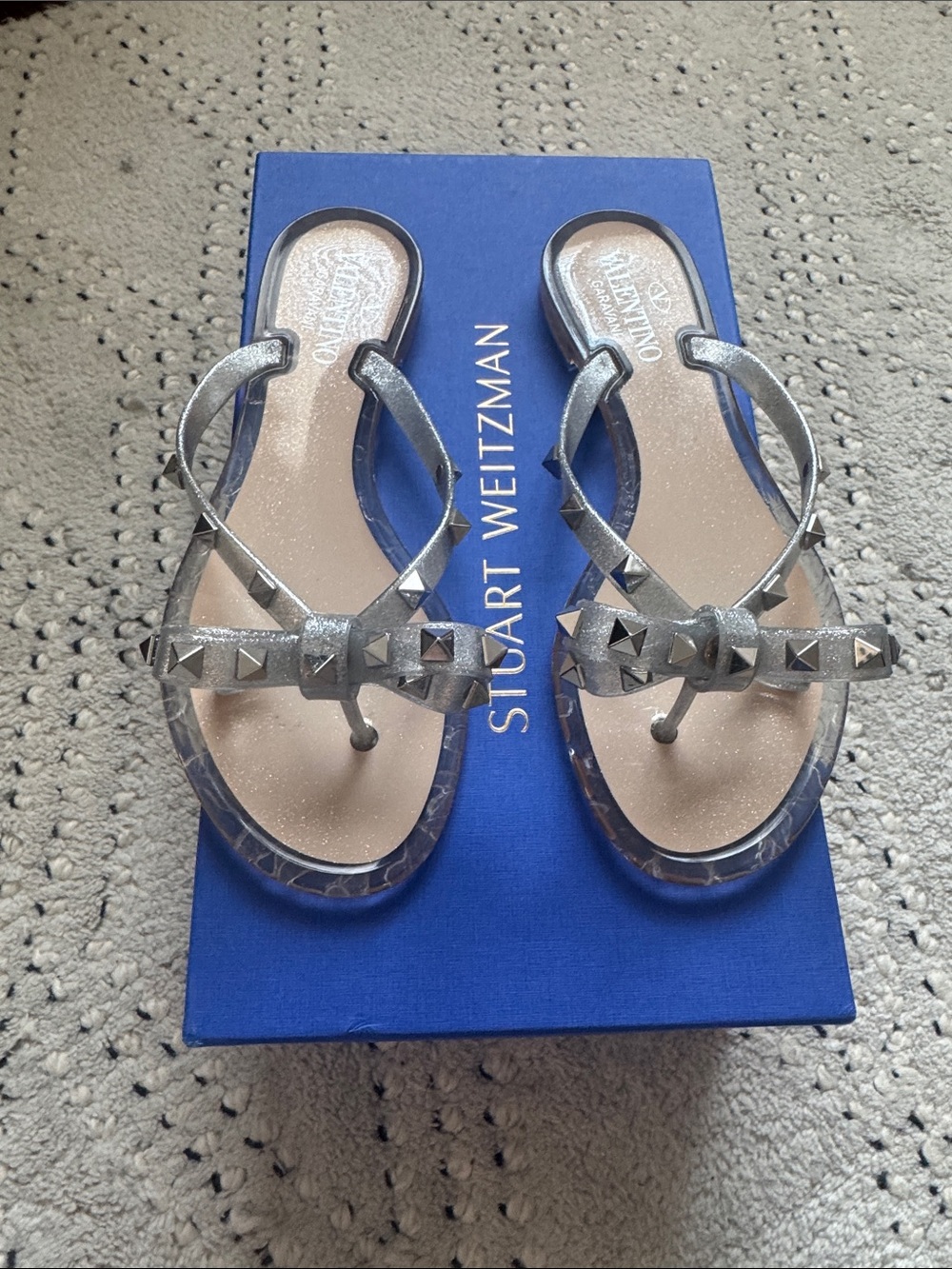 Valentino Garavani Glitteted Silver Rockstud Jelly Thong Sandals Size 36